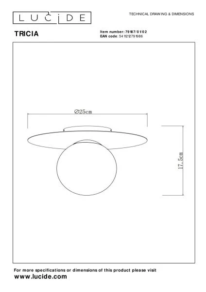 Lucide TRICIA - Plafonnier - Ø 25 cm - 1xE27 - Or Mat / Laiton - TECHNISCH